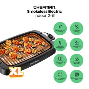 Chefman Smokeless Indoor Electric Grill, Copper, Extra Large, Nonstick Table Top Grill for Indoor Grilling and BBQ with Adjustable Temperature Control, Nonstick Dishwasher-Safe Parts, 9" x 15"