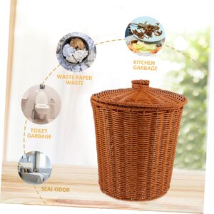 Toyvian Rattan Round Waste Basket, Woven Basket with Lid Wicker Basket Wastebasket Storage Basket for Bathroom Kitchen