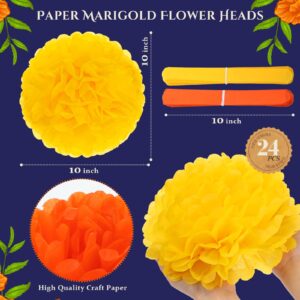 Tigeen 24 Pcs 10 Inch Marigold Flower Pom Poms Tissue Pom Poms Paper Flower Balls for Halloween Wedding Birthday Celebration Party DIY Decoration, Orange and Yellow