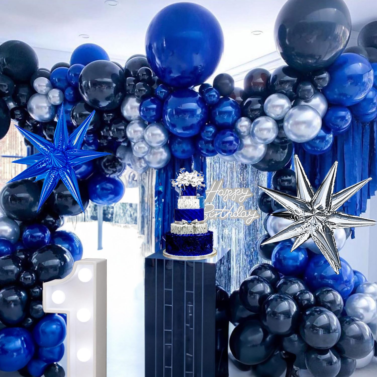 Navy Blue and Silver balloon Garland Kit 132PCS dark blue with starburst Balloons Arch for baby shower boy 1st birthday party anniversary 2024 graduation ceremony decorations