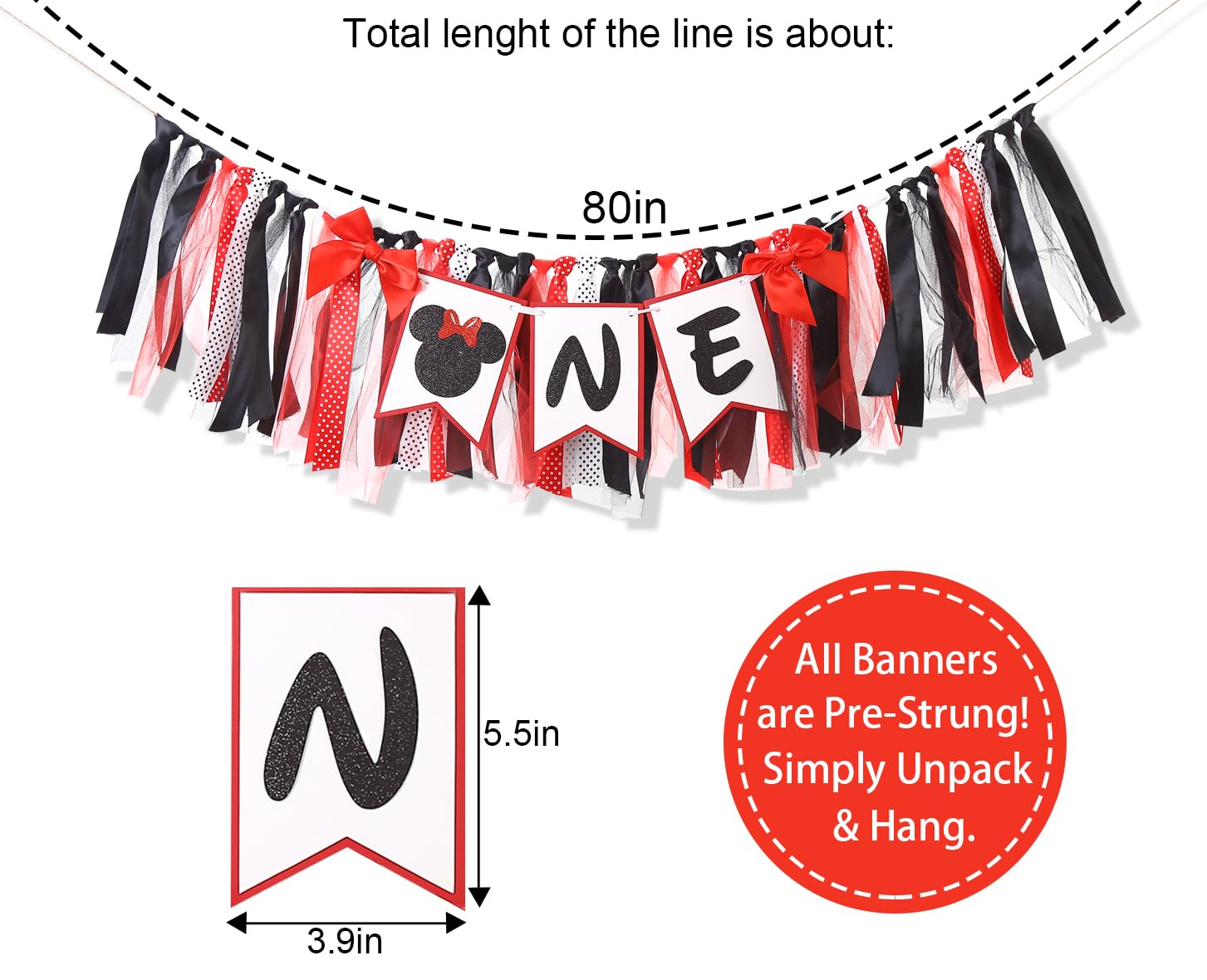 Minnie One High Chair Banner - Mouse 1st/First Birthday Decorations,Minnie 1st/First Birthday High Chair,Red And Black Minnie Highchair Banner,Mouse First Photo Props.