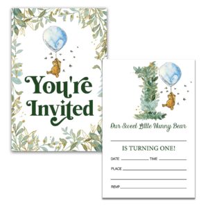 Dolimifa Greenery Winnie the Pooh 1st Birthday Invitations Fill in Style Classic Green Winnie First Birthday Invites, 20 Count With Envelopes