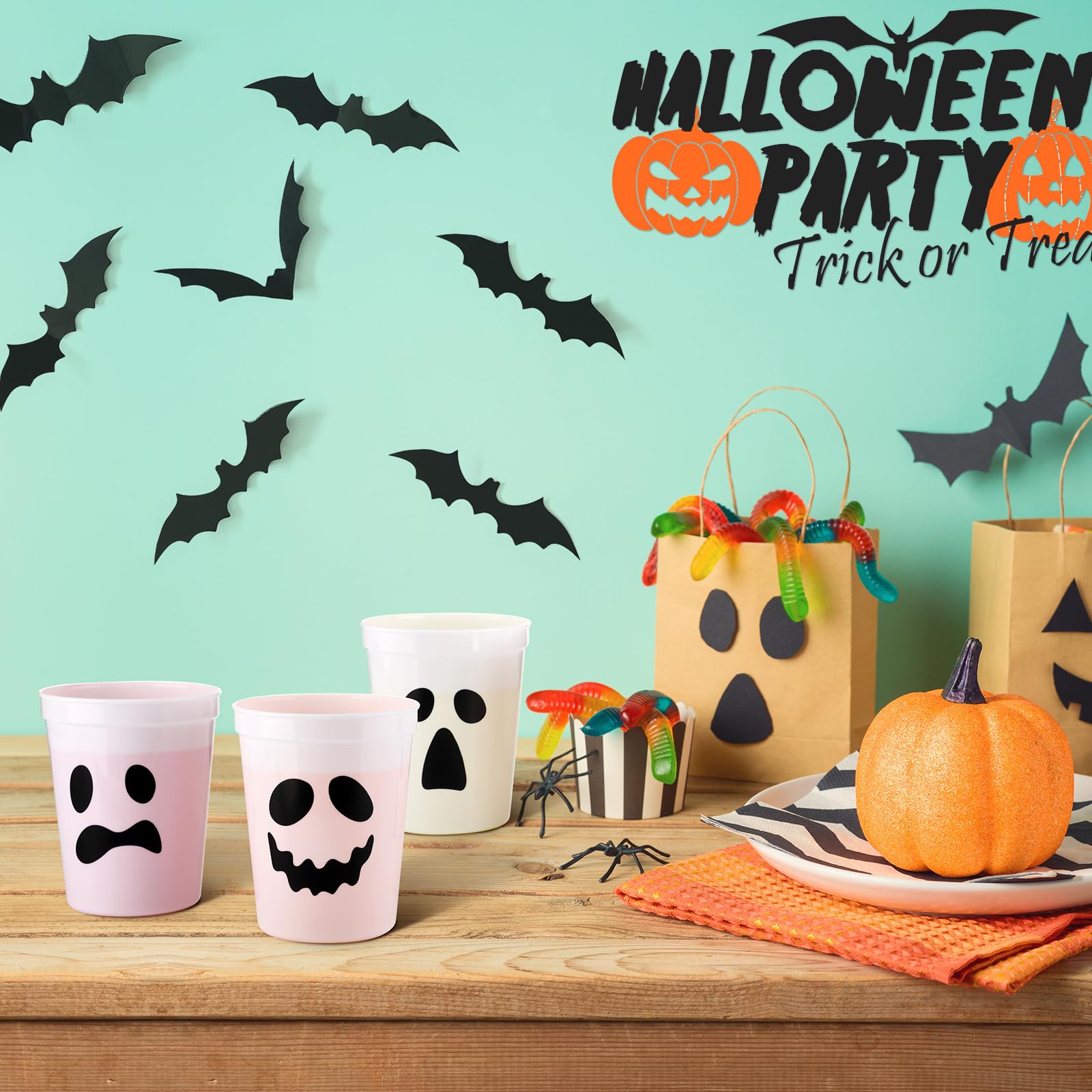 Tanlade 48 Pcs Disposable Halloween Cups Kids 16 oz Plastic Ghost Cups Halloween Disposable Cups Halloween Party Plastic Cups for Drinking Beverage Beer Juice Soda Snacks Punch Party Decorations