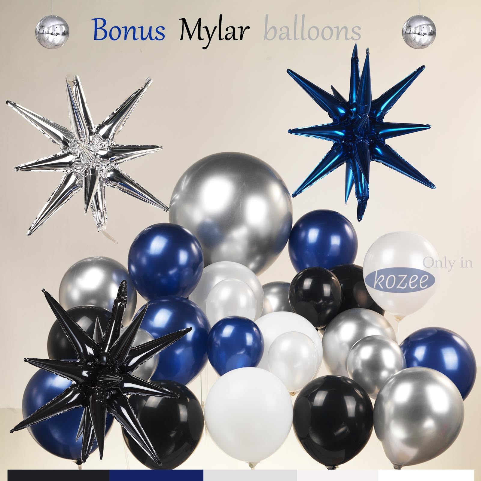 Kozee Navy Blue and black balloon Garland Kit 132PCS dark blue with Sliver white starburst Balloons Arch for baby shower boy 1st birthday party anniversary graduation Prom decorations