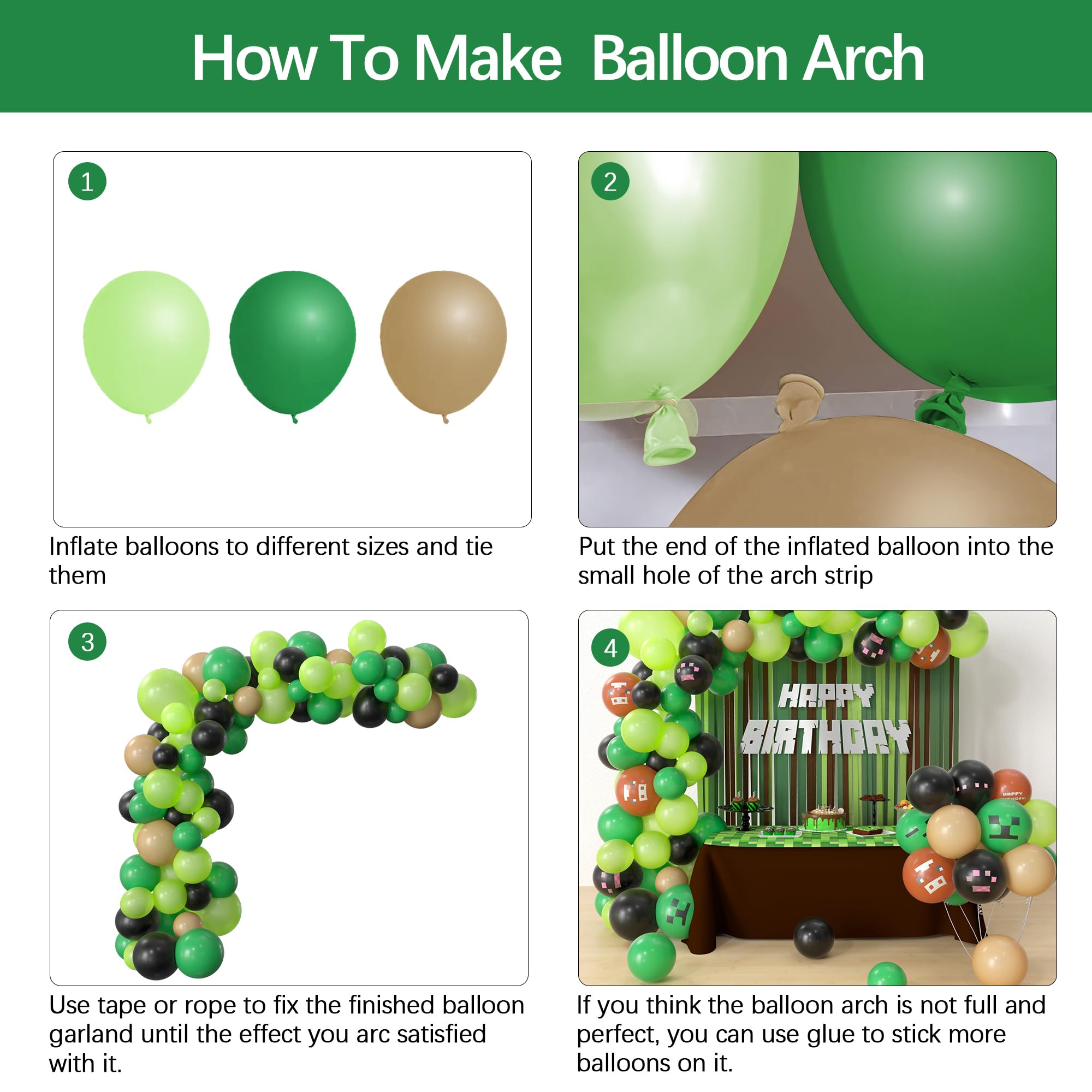 HYOWCHI Miner Crafting Birthday Party Supplies - 115 Pcs Miner Crafting Balloon Garland Arch Kit, Green Brown Balloon Arch Decorations For Video Game Theme Miner Crafting Party Decorations Backdrop