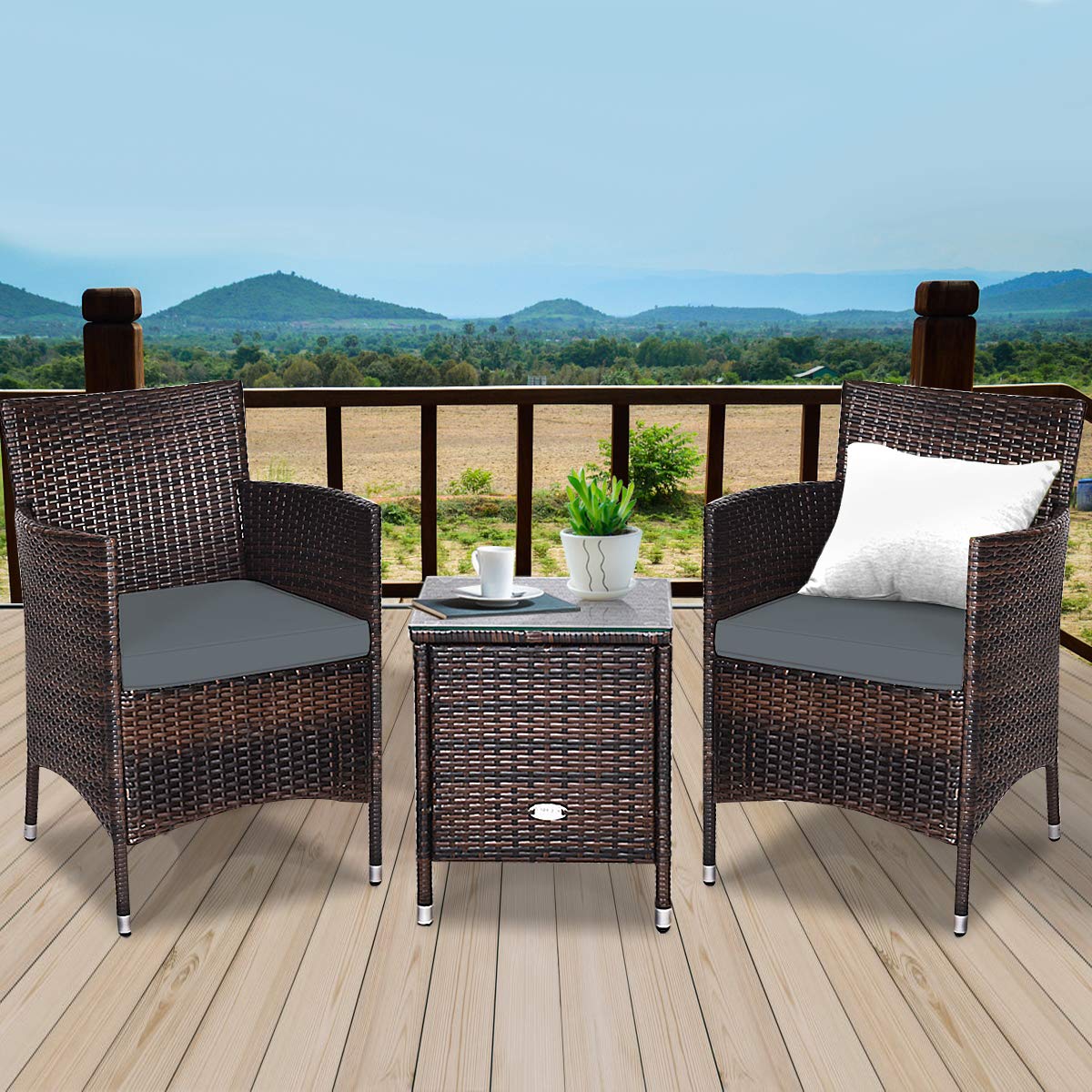 Toolsempire 3 Pieces Patio Conversation Set, Outdoor Wicker Furniture Set with Water-Resistant Cushion & Tempered Glass Tabletop, Patio Porch Furniture Set Bistro Set for Balcony, Poolside (Gray)