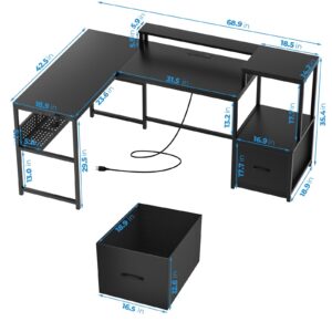 GreenForest 69 inch L Shaped Computer Desk, Corner Desk with Drawers and Power Outlet, Home Office Desk, Gaming Table with Storage and Long Monitor Shelf, Black