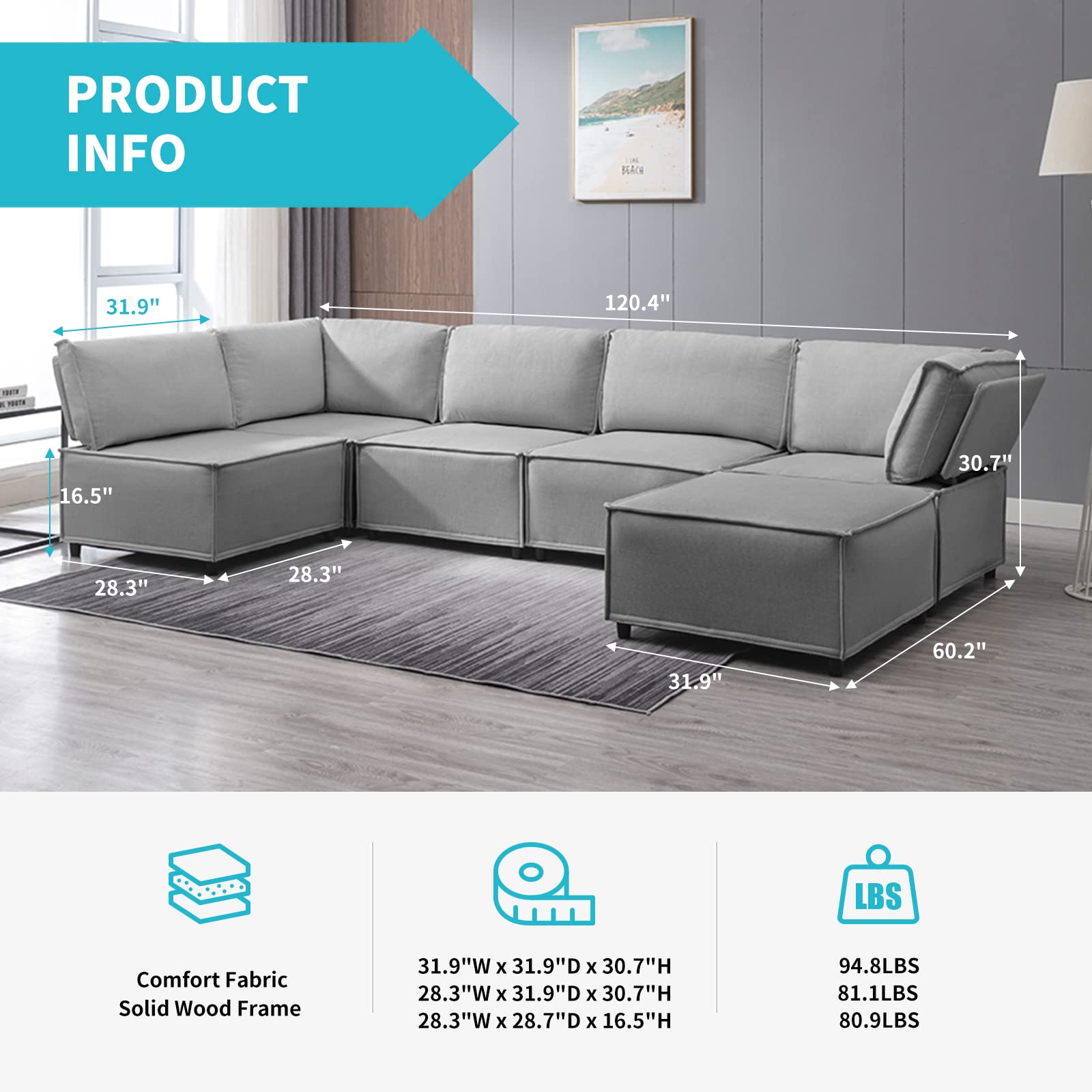 CECER Modular Sectional Sofa, U Shaped Convertible Couch Sofa with Reversible Chaises, Queen Sleeper Sofa, Modular Oversized Sofa Couches for Living Room (Light Grey)