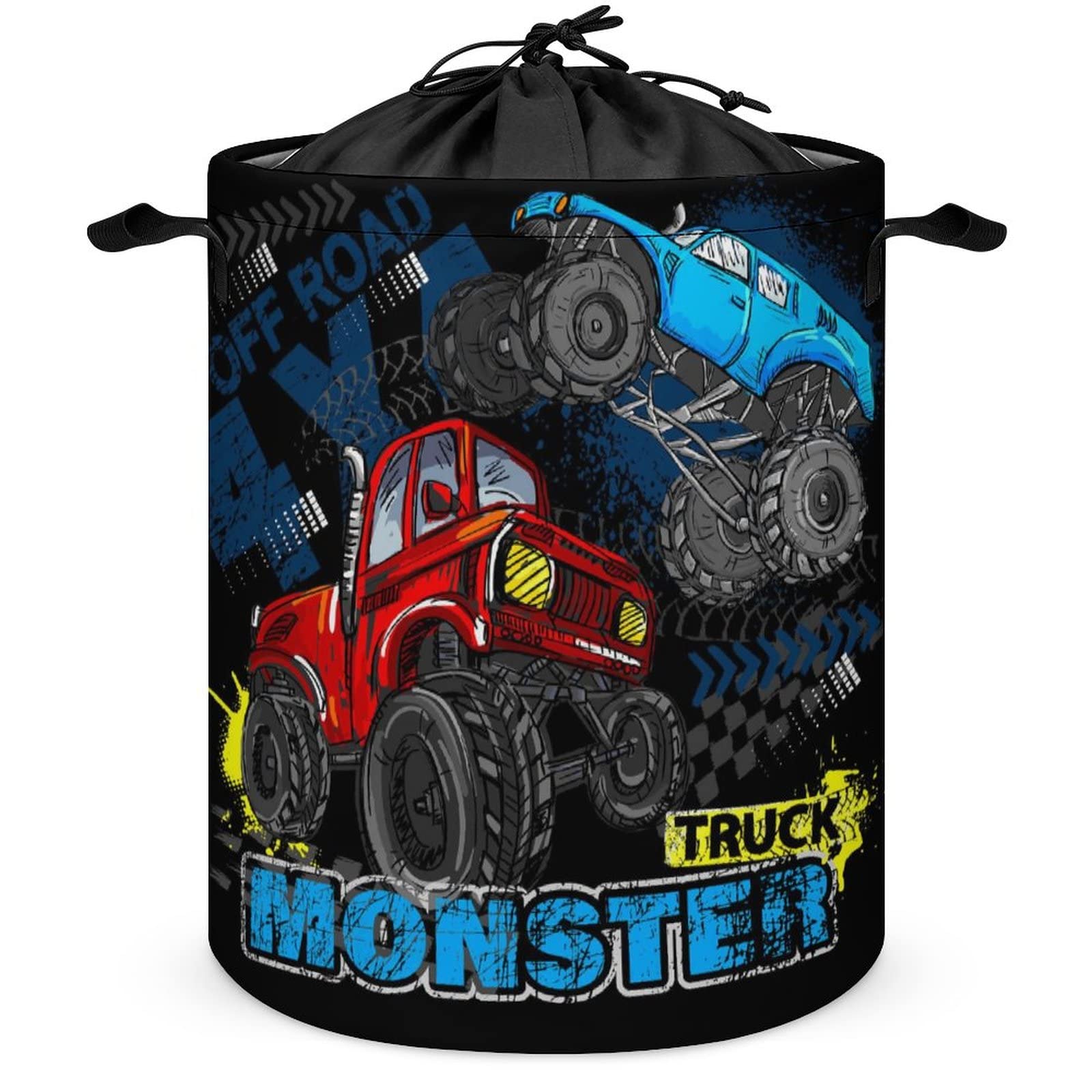 Personalized Drawstring Laundry Baskets Collapsible 42L Blue Red Monster Truck Laundry Hampers with Lid Retro Style Oxford Hamper Storage Waterproof Washing Bin