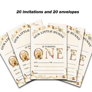 Dolimifa Floral Winnie the Pooh 1st Birthday Invitations Fill in Style Classic Our Little Hunny Honey Bear Winnie 1st Birthday Invites, 20 Count With Envelopes