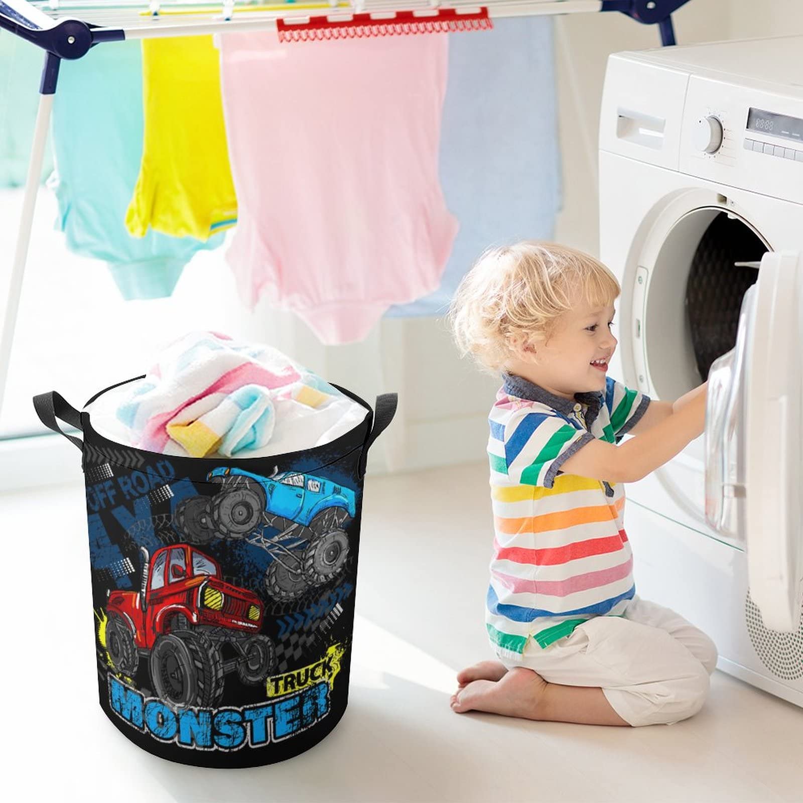 Personalized Drawstring Laundry Baskets Collapsible 42L Blue Red Monster Truck Laundry Hampers with Lid Retro Style Oxford Hamper Storage Waterproof Washing Bin