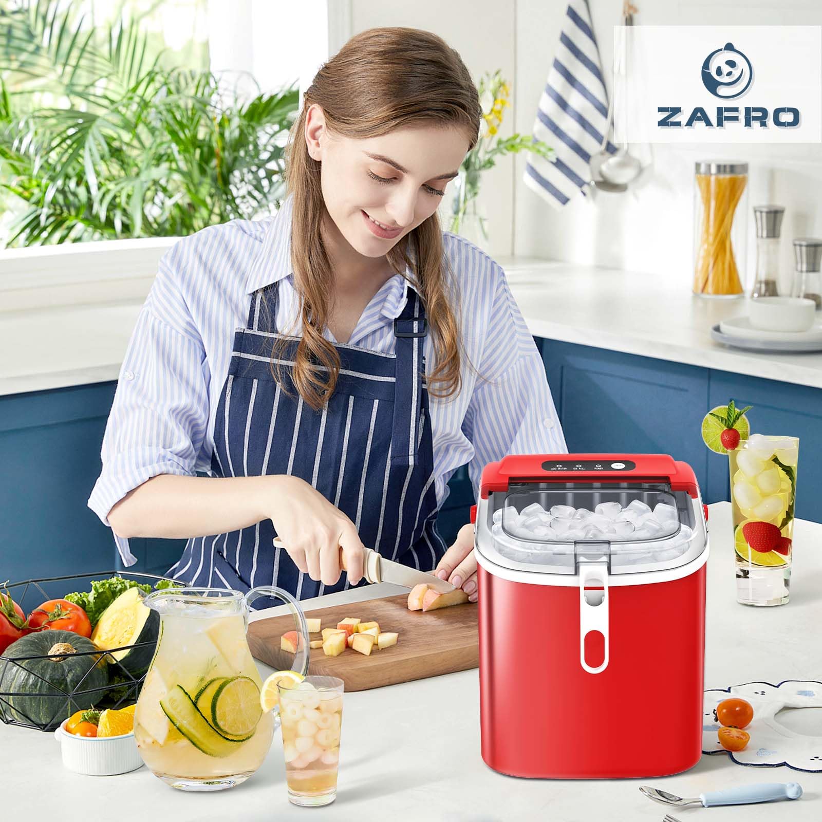 ZAFRO Ice Makers Countertop, Portable Ice Machine with Handles, Self-Cleaning Ice Makers with Basket and Scoop, 9 Cubes in 6 Mins, 26 lbs Per Day, Suitable for Your Kitchen, Office, Party （Red）