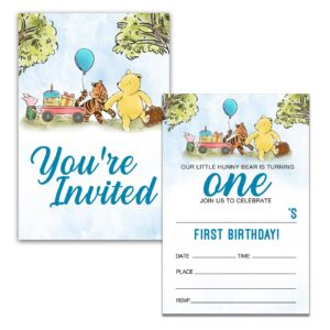 Dolimifa Winnie the Pooh 1st First Birthday Invitations Fill in Style Classic Our Little Hunny Bear 1st Birthday Invites, 20 Count With Envelopes