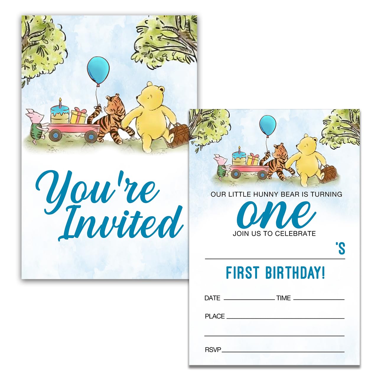 Dolimifa Winnie the Pooh 1st First Birthday Invitations Fill in Style Classic Our Little Hunny Bear 1st Birthday Invites, 20 Count With Envelopes