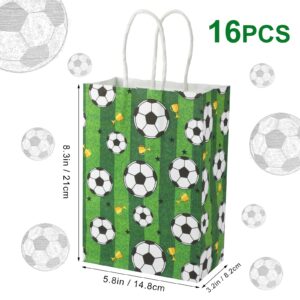 16pcs Soccer Party Favor Paper Bags, Green Football Gift Bag Football Themed Party Bags with Handles Soccer Goodie Bags Treat Candy Bags for Kids Adults Soccer Party Supplies