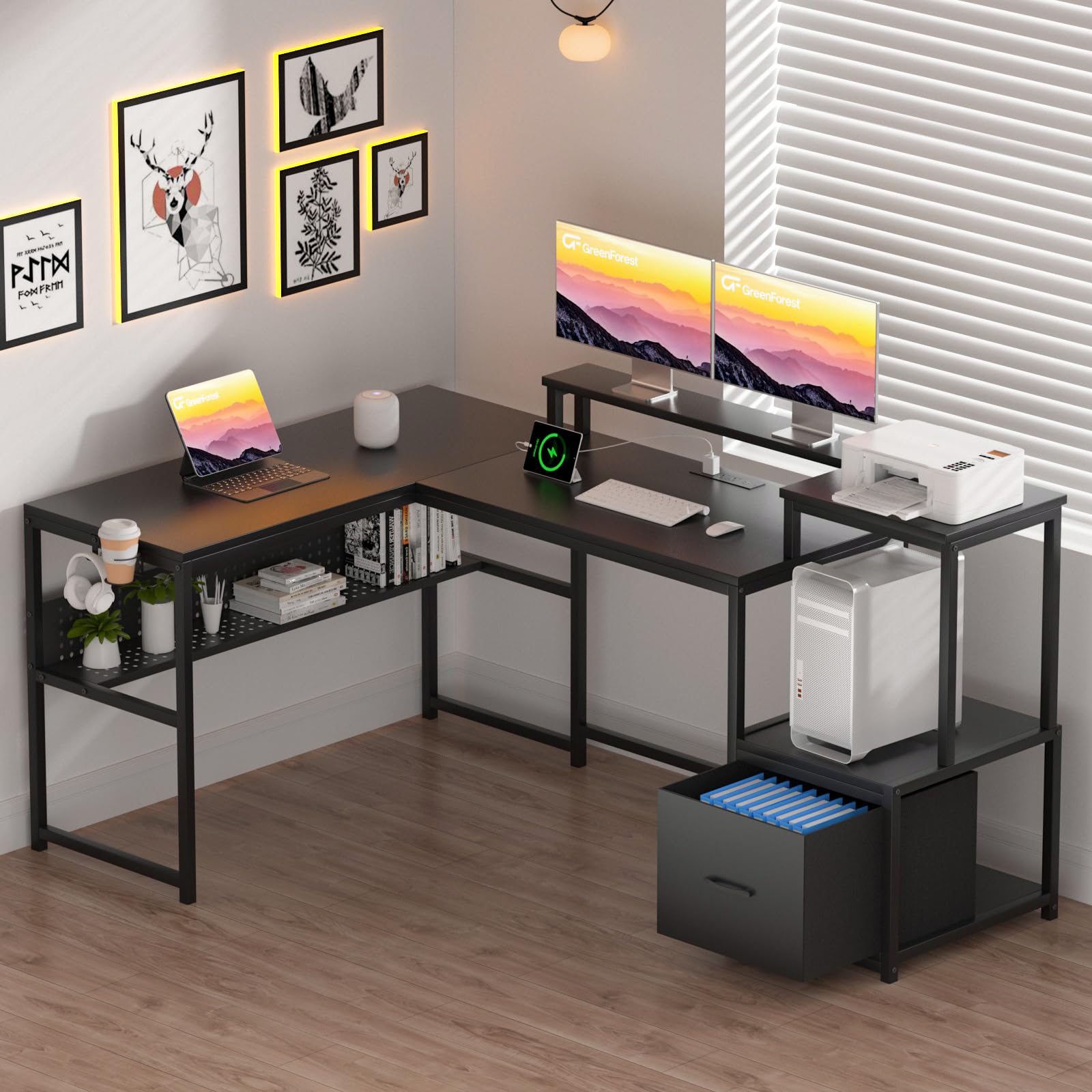 GreenForest 69 inch L Shaped Computer Desk, Corner Desk with Drawers and Power Outlet, Home Office Desk, Gaming Table with Storage and Long Monitor Shelf, Black