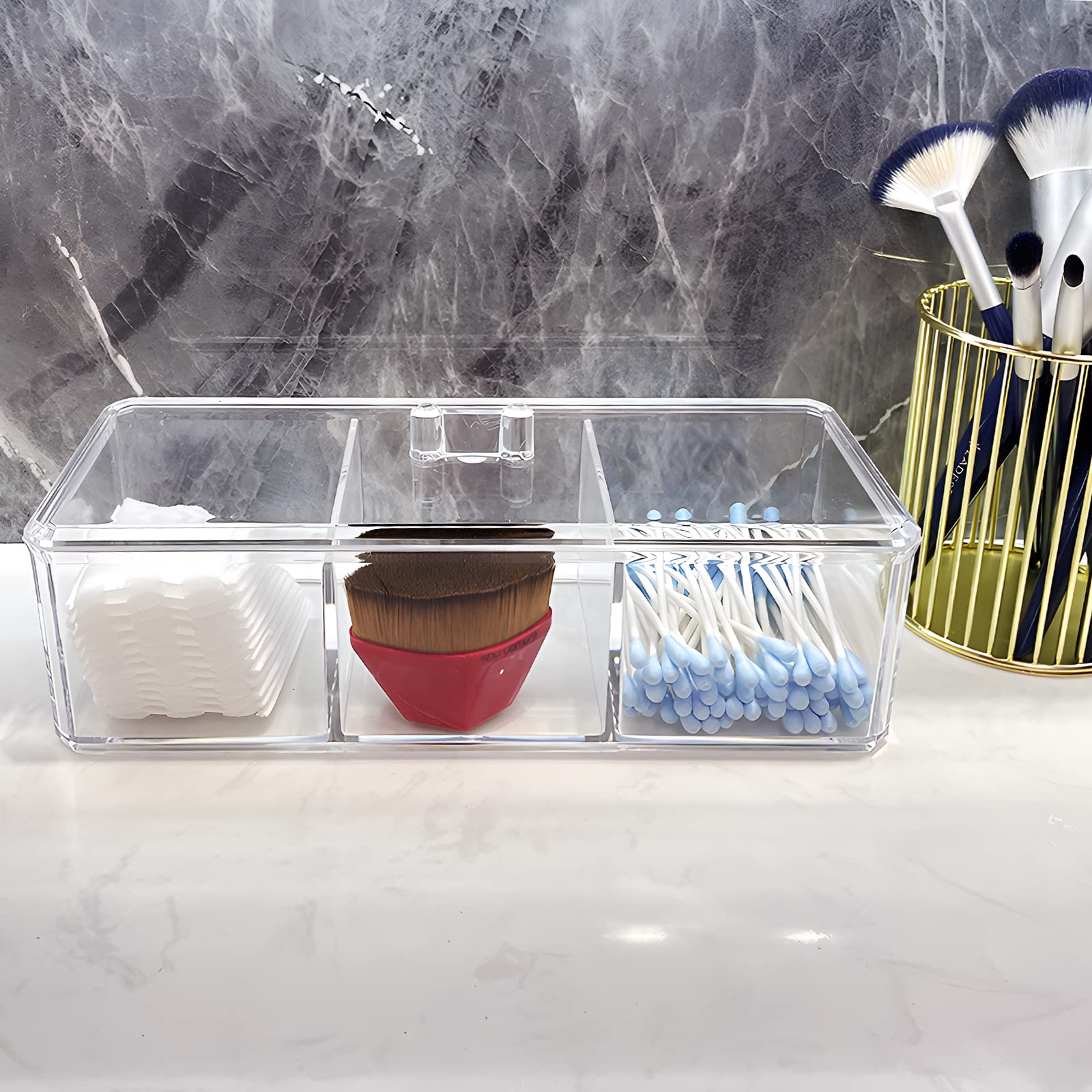 EOFJRUC Qtip Holder Cotton Ball and Swab Dispenser with Lid Clear Acrylic 3 Compartments Bathroom Canisters Cotton Pad Organizer Bathroom Vanity Countertop