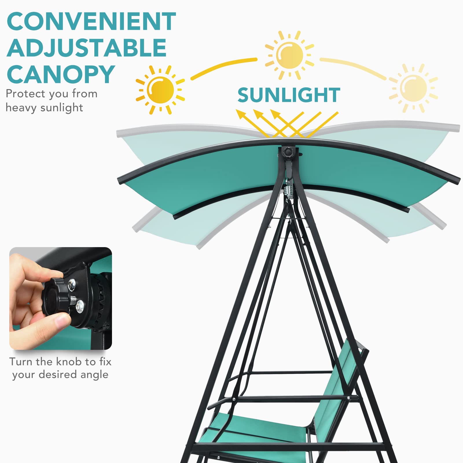 Tangkula 2-Person Patio Swing, Weather Resistant Porch Swing with Adjustable Canopy, Steel Frame, Outdoor Modern Canopy Swing with Handrails, Suitable for Porch Garden Poolside (Green)