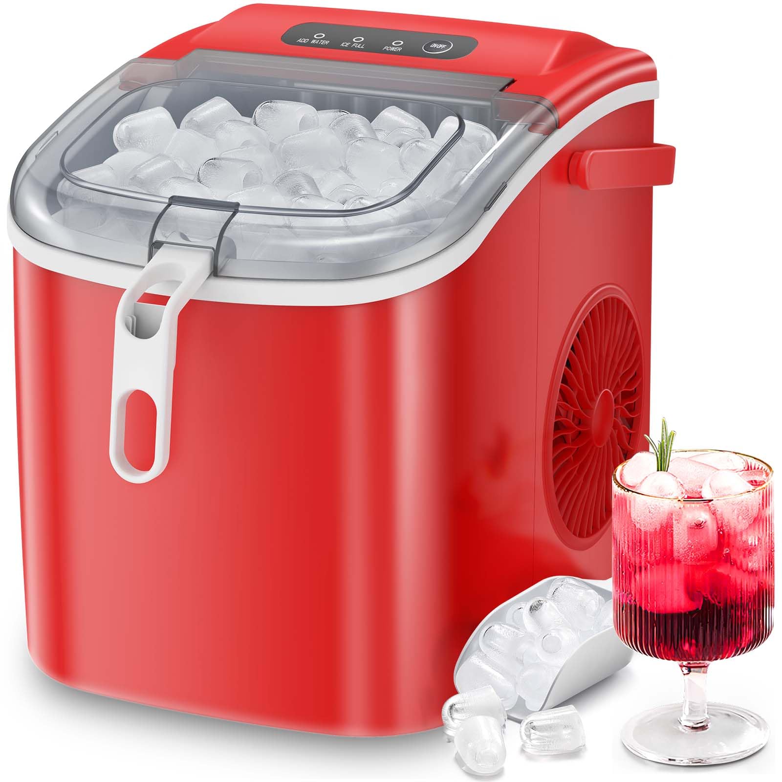 ZAFRO Ice Makers Countertop, Portable Ice Machine with Handles, Self-Cleaning Ice Makers with Basket and Scoop, 9 Cubes in 6 Mins, 26 lbs Per Day, Suitable for Your Kitchen, Office, Party （Red）