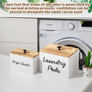 Dandat 2 Pcs Wood Laundry Dryer Sheet Holder Rustic Laundry Pod Container with Lid 8.7 x 6.3 x 6.4 Inch Laundry Pod Holder 7.3 x 3.7 x 5 Inch Dryer Sheet Dispenser Laundry Wooden Box Container (White)