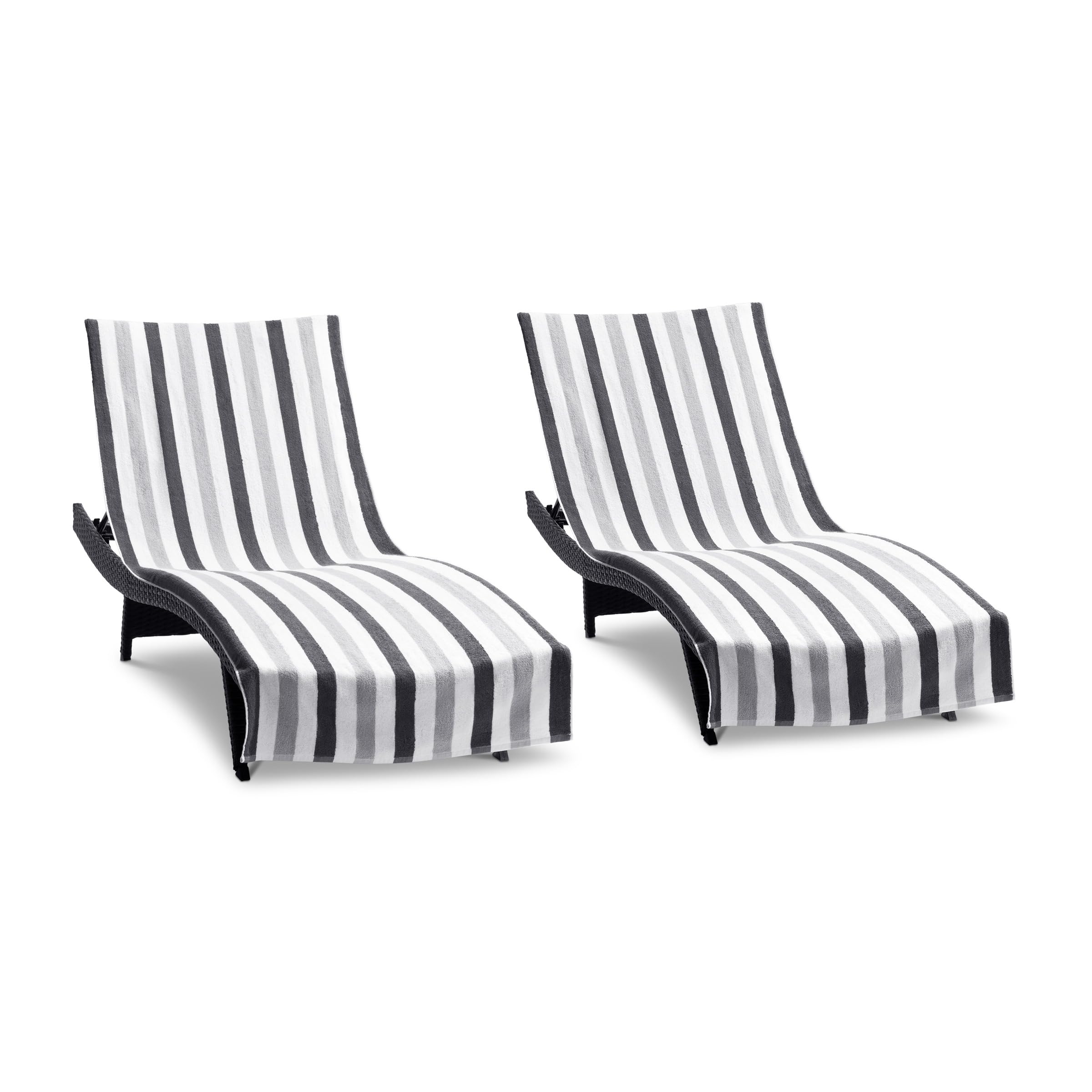 Arkwright Cabo Chaise Lounge Cover - Pack of 2 - Striped Soft Cotton Cabana Towel with Pocket Holder for Beach Pool Outdoor Chair, 30 x 85 in., Charcoal/Silver