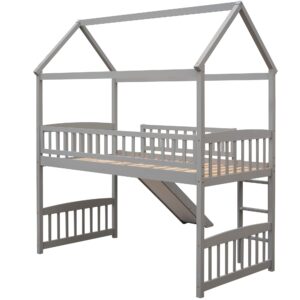 LostCat Twin Size Loft Bed with Slide, House Shaped Solid Pine Wood Bed Frame w/Safety Guardrail & Ladder, No Box Spring Needed, Save Space Design, for Kids, Teens, Girls, Boys, Gray