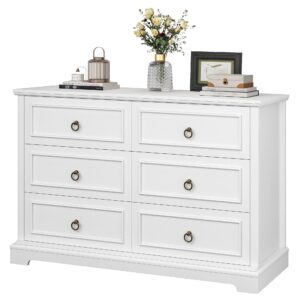 hostack 6 drawers dresser, white chest of drawers, wide wood double dressers, modern farmhouse storage dresser for living room, entryway, hallway