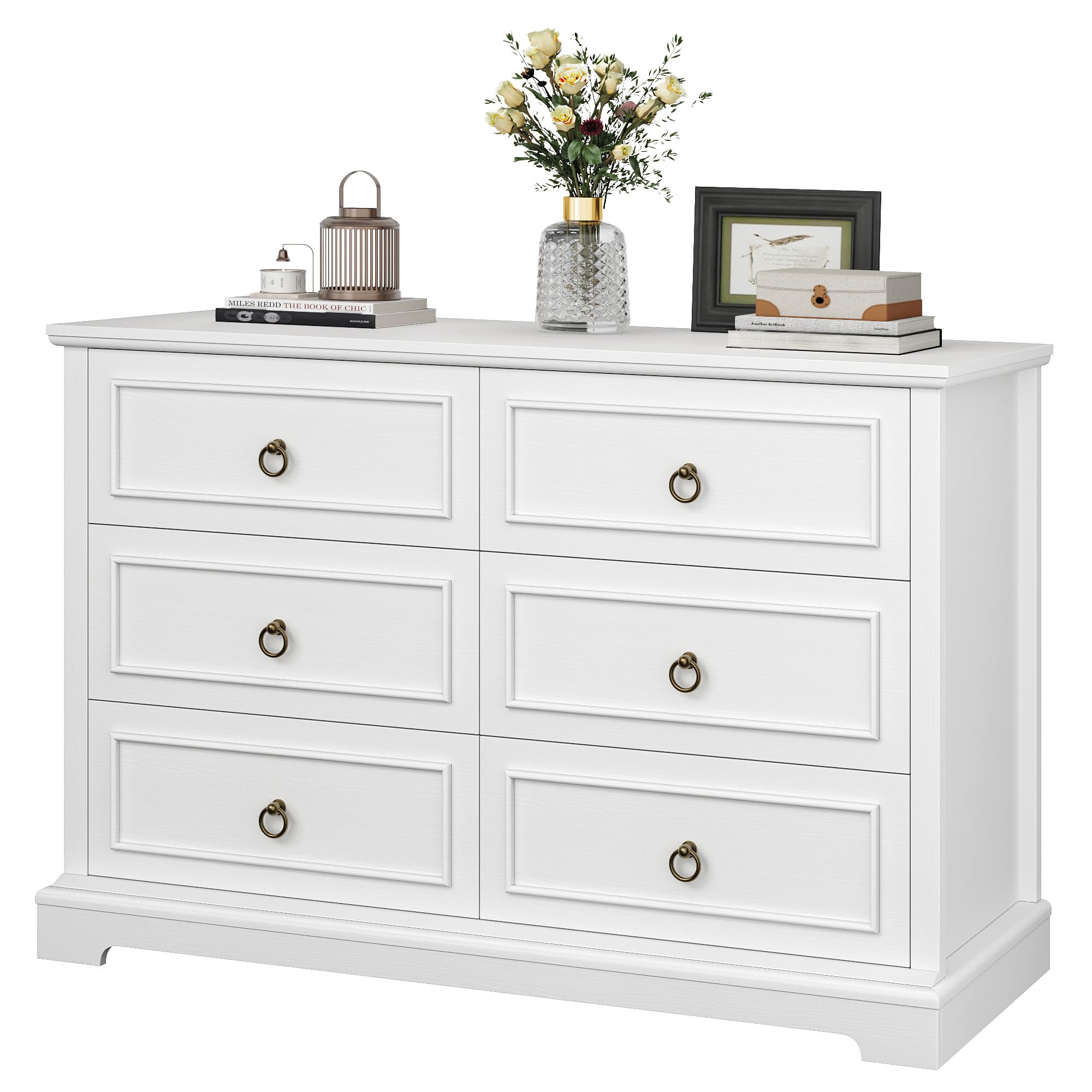 HOSTACK 6 Drawers Dresser, White Chest of Drawers, Wide Wood Double Dressers, Modern Farmhouse Storage Dresser for Living Room, Entryway, Hallway