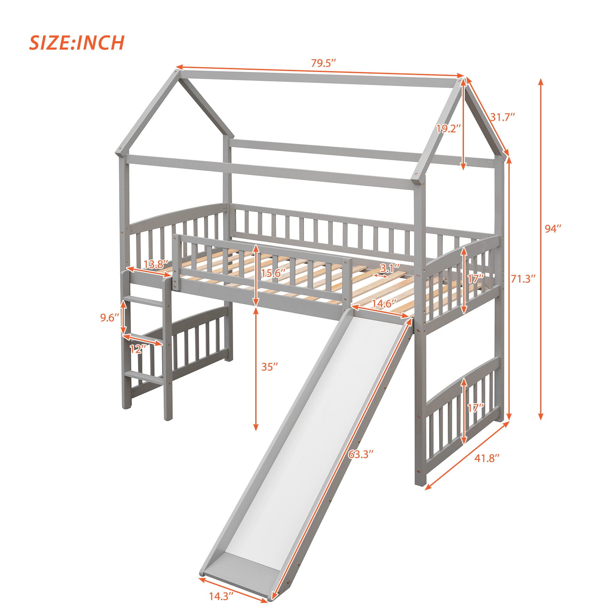 LostCat Twin Size Loft Bed with Slide, House Shaped Solid Pine Wood Bed Frame w/Safety Guardrail & Ladder, No Box Spring Needed, Save Space Design, for Kids, Teens, Girls, Boys, Gray