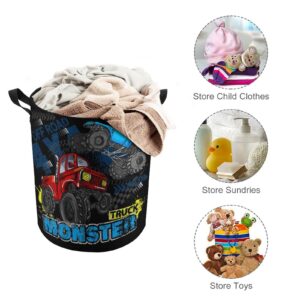 Personalized Drawstring Laundry Baskets Collapsible 42L Blue Red Monster Truck Laundry Hampers with Lid Retro Style Oxford Hamper Storage Waterproof Washing Bin