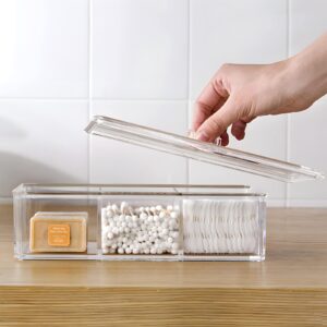 EOFJRUC Qtip Holder Cotton Ball and Swab Dispenser with Lid Clear Acrylic 3 Compartments Bathroom Canisters Cotton Pad Organizer Bathroom Vanity Countertop