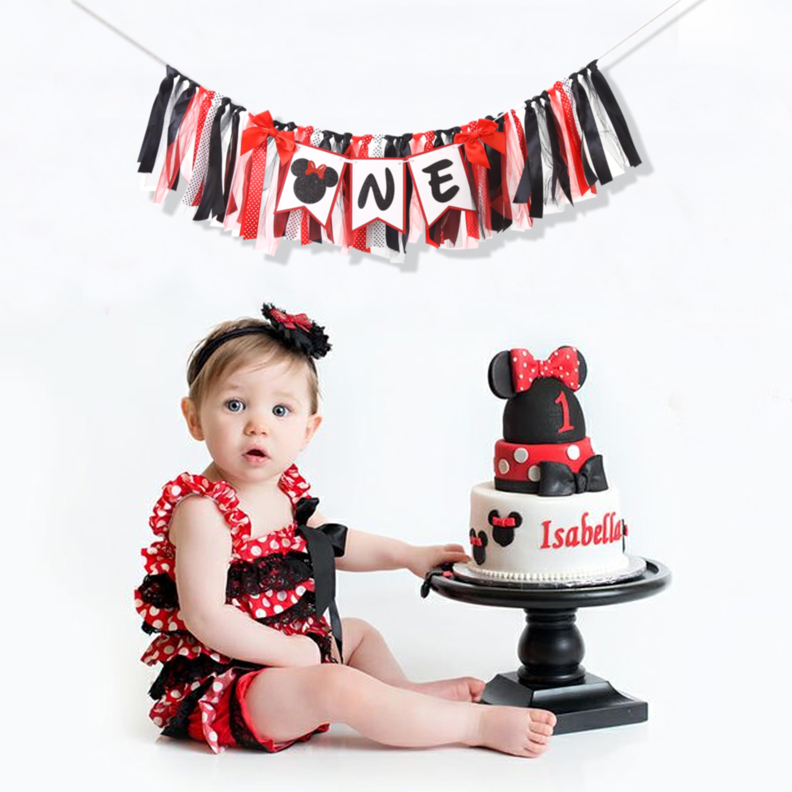 Minnie One High Chair Banner - Mouse 1st/First Birthday Decorations,Minnie 1st/First Birthday High Chair,Red And Black Minnie Highchair Banner,Mouse First Photo Props.