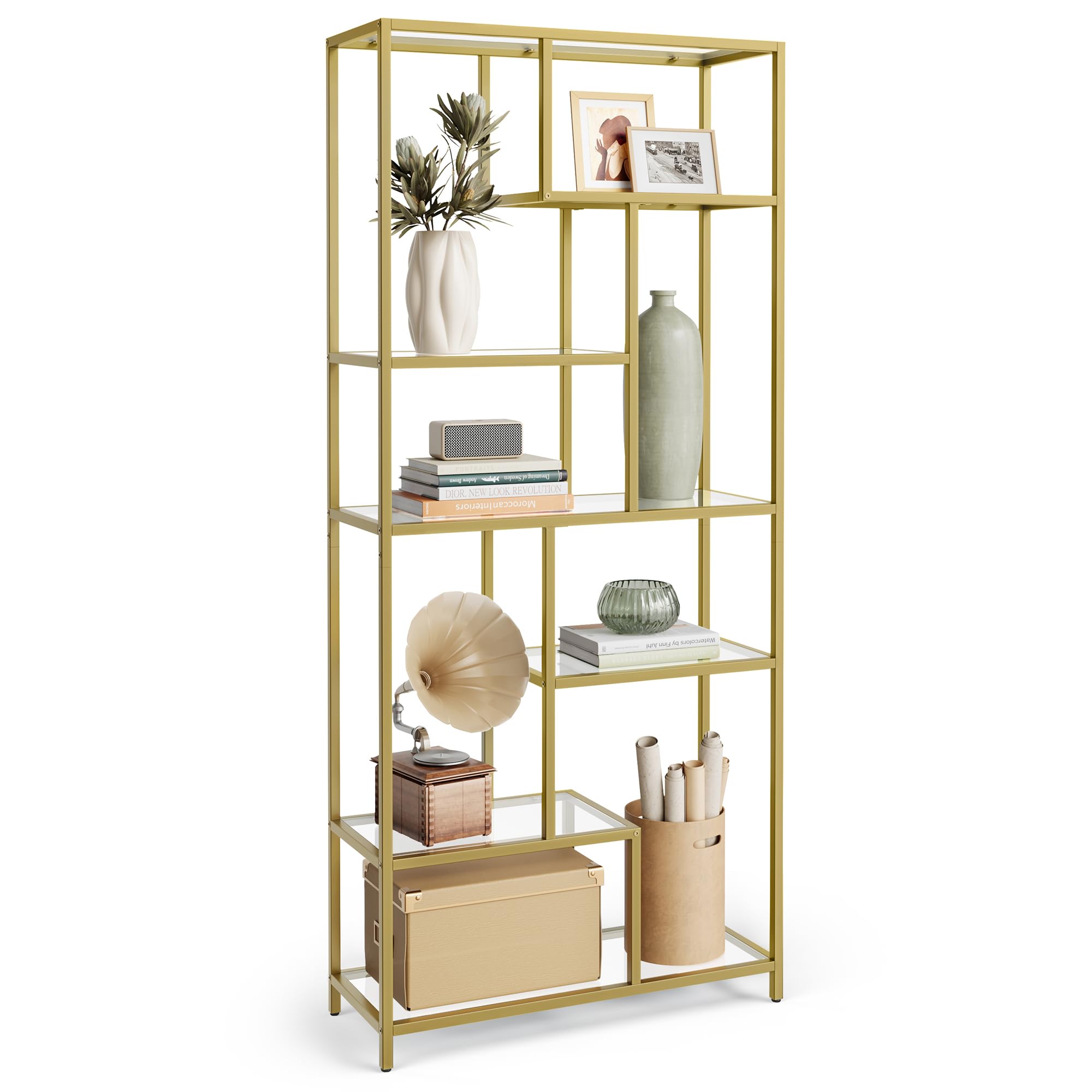 VASAGLE Bookshelf, 6-Tier Tall Bookcase, Display Shelf, Plant Stand, 11.8 x 31.5 x 70.9 Inches, Tempered Glass, for Study, Office, Living Room, Bedroom, Kitchen, Metallic Gold ULGT502A01