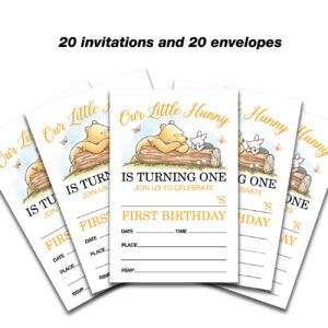 Dolimifa Classic Winnie the Pooh 1st Birthday Invitations Fill in Style Our Little Hunny is Turning One First Birthday Invites, 20 Count With Envelopes