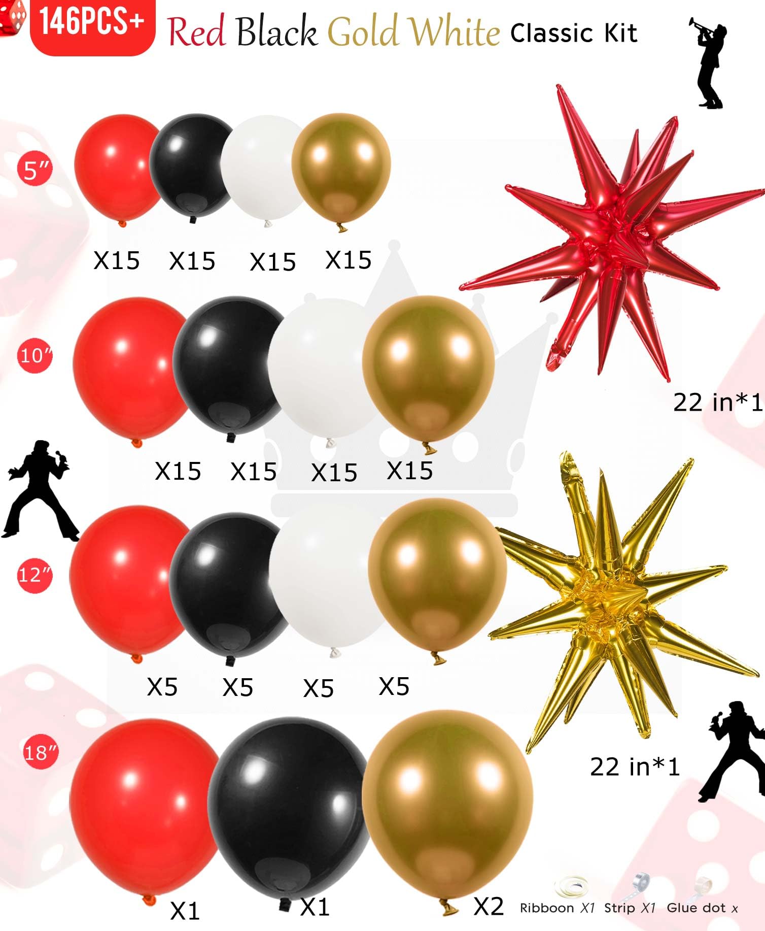 Kozee Black Red Gold White Balloon Garland kit 146Pcs and Mylar starburst balloons for Birthday Party 2024 New Year eve movie night graduation prom casino Decorations