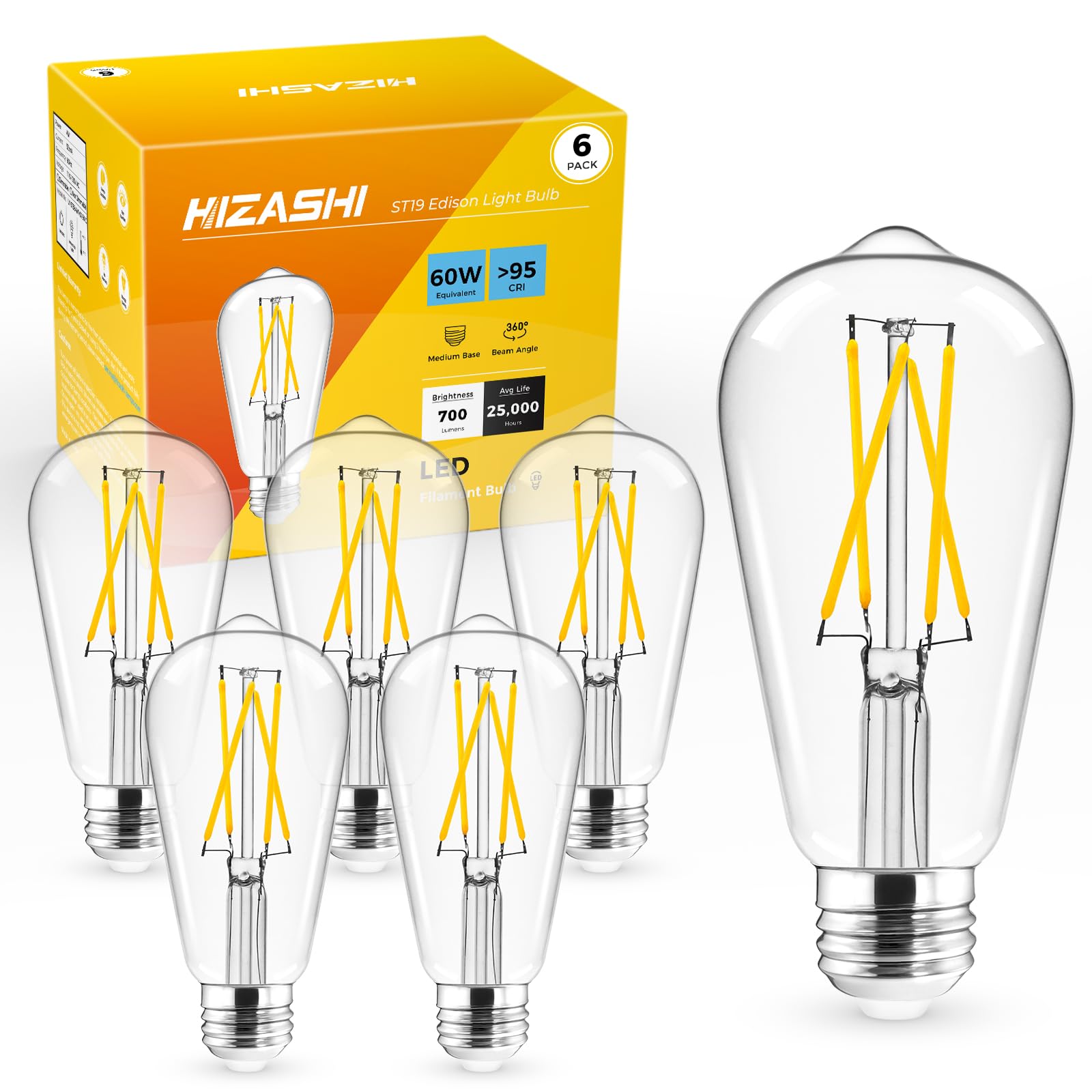 Hizashi LED Edison Bulbs, 6W, Equivalent 60W, E26 LED Bulb Non-dimmable, 3000K Soft White, 90+ CRI 700 Lumens, ST19 Vintage Light Bulbs, Clear Glass, Pack of 6