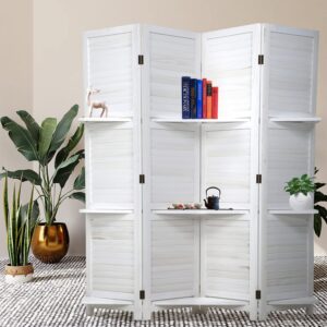 69" h room dividers and folding privacy screens, 4 panel wooden room divider, partition room dividers with 3 removable storage shelves, portable room divider for home office bedroom divider, white