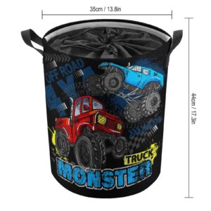 Personalized Drawstring Laundry Baskets Collapsible 42L Blue Red Monster Truck Laundry Hampers with Lid Retro Style Oxford Hamper Storage Waterproof Washing Bin