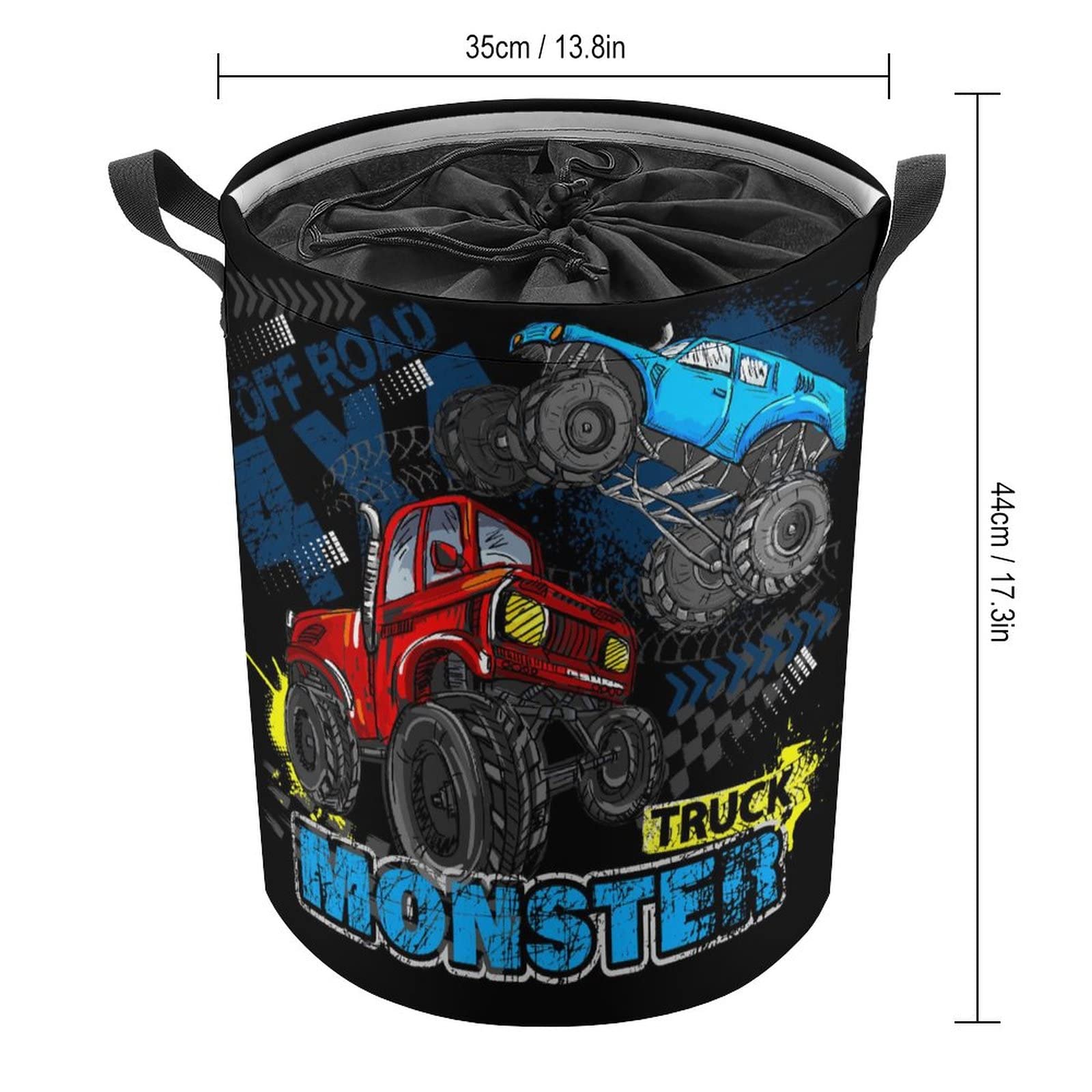 Personalized Drawstring Laundry Baskets Collapsible 42L Blue Red Monster Truck Laundry Hampers with Lid Retro Style Oxford Hamper Storage Waterproof Washing Bin