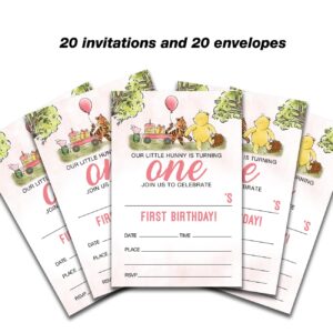 Dolimifa Pink Winnie the Pooh 1st Birthday Invitations Fill in Style Classic Winnie the Pooh First Birthday Invites, 20 Count With Envelopes