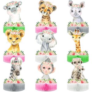 9pcs jungle animals honeycomb centerpieces, safari baby shower table decorations for girls kids, safari jungle themed birthday party suppiles, wild one birthday party decorations