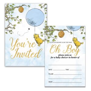 Dolimifa Blue Oh Boy a Little Hunny is on His Way Baby Shower Invitations Fill in Style Classic Winnie the Pooh Bear Baby Shower Invites, 20 Count With Envelopes