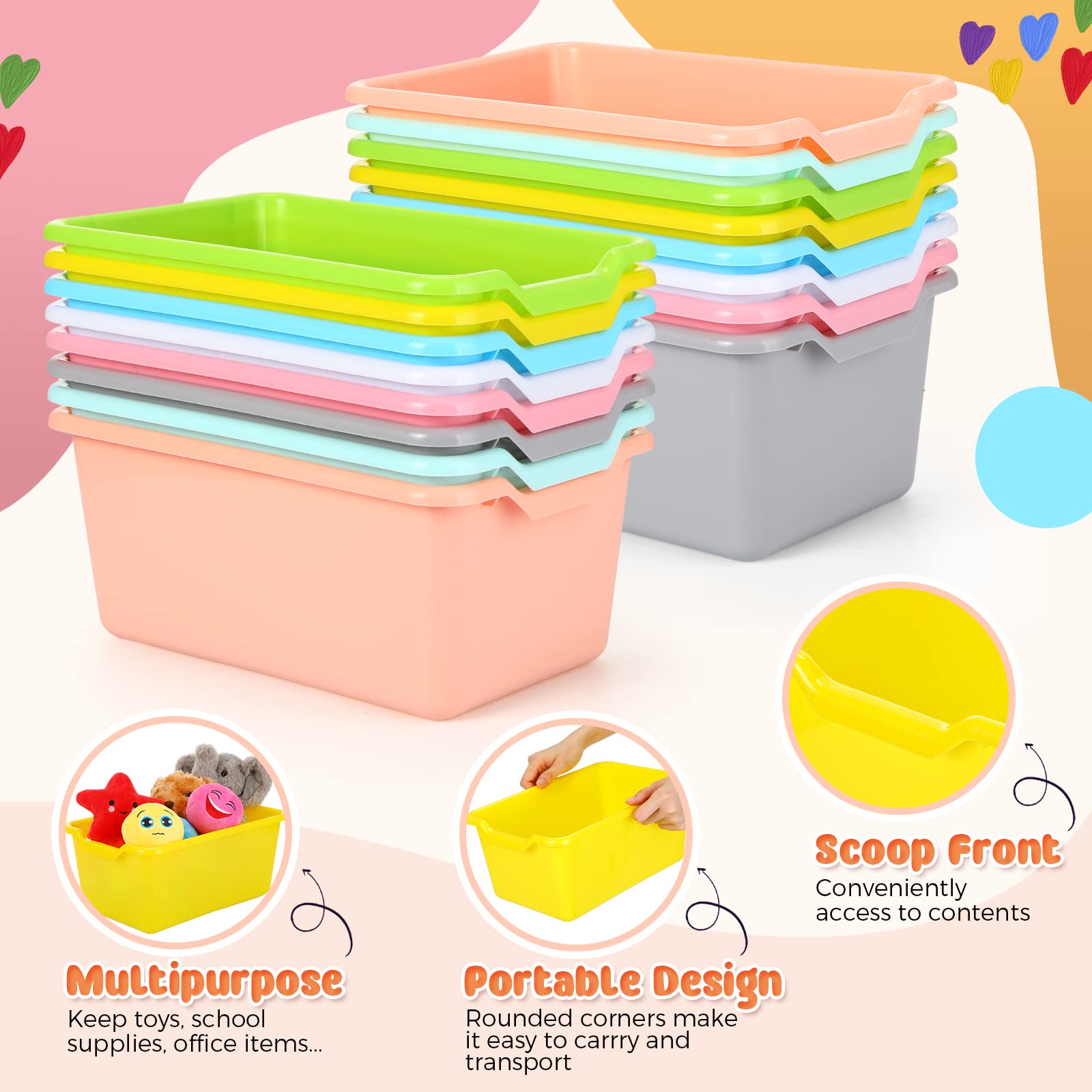 Dandat 16 Pcs Cubby Bins Plastic Books Bins Bulk Scoop Front Classroom Cubby Organization Stackable Toy Storage Tubs Containers for Classroom Office Home(11.42 x 7.87 x 5.12 Inch)