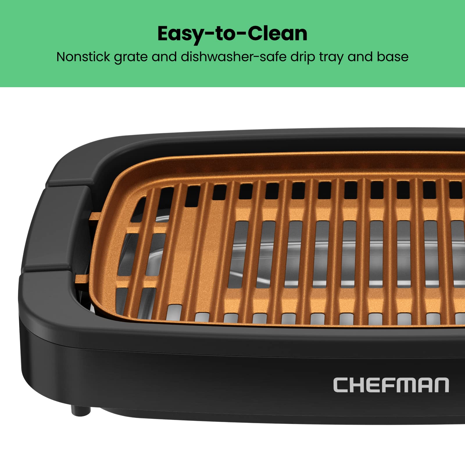 Chefman Smokeless Indoor Electric Grill, Copper, Extra Large, Nonstick Table Top Grill for Indoor Grilling and BBQ with Adjustable Temperature Control, Nonstick Dishwasher-Safe Parts, 9" x 15"