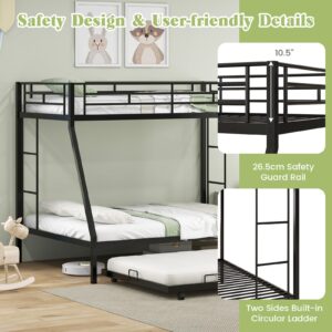 Giantex Twin Over Full Bunk Bed with Trundle, Heavy-Duty Metal Triple Bunk Beds w/Two Side Ladders & Safety Guard Rail, 3 in 1 Bunk Beds for Kids Teens, No Box Spring Needed, Black