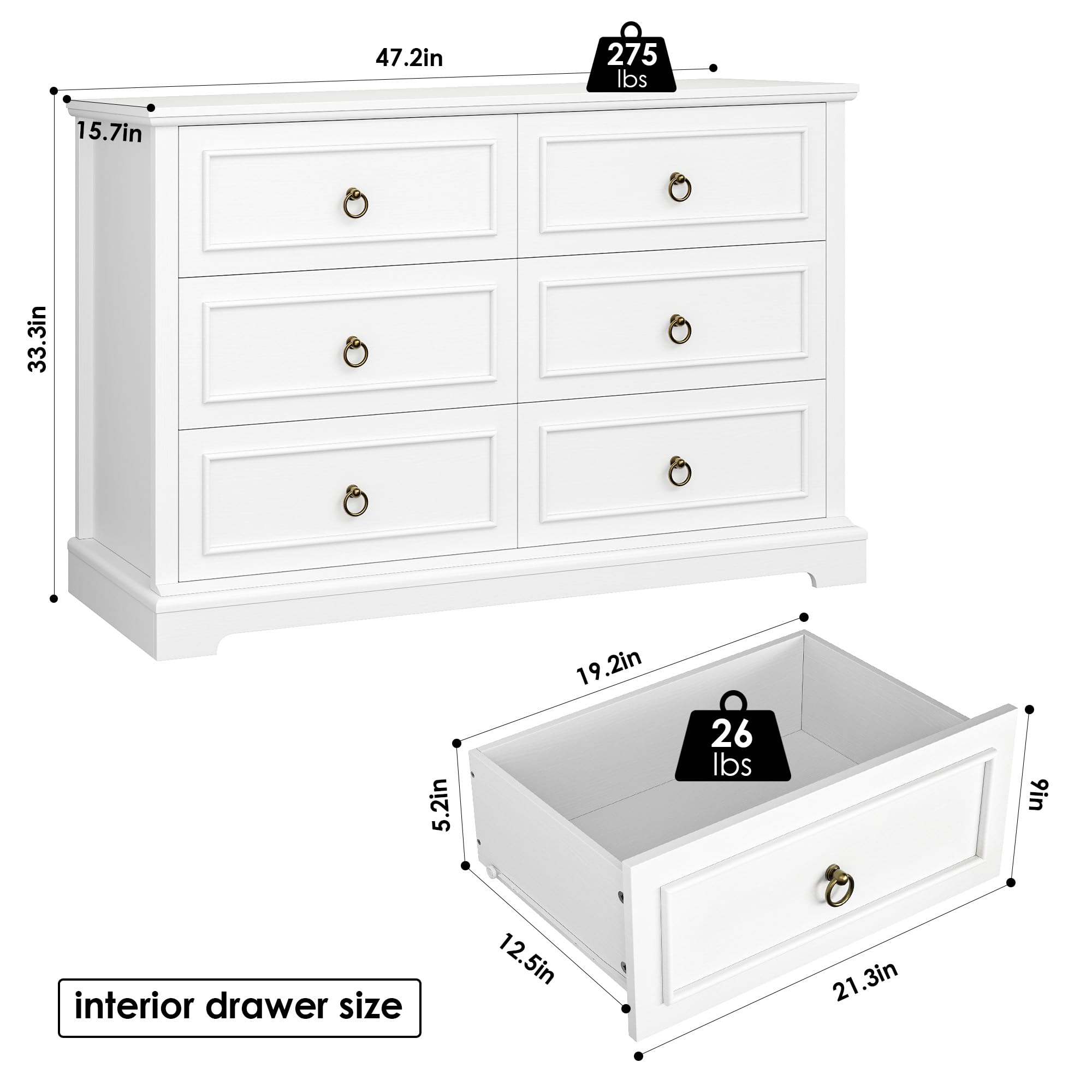 HOSTACK 6 Drawers Dresser, White Chest of Drawers, Wide Wood Double Dressers, Modern Farmhouse Storage Dresser for Living Room, Entryway, Hallway