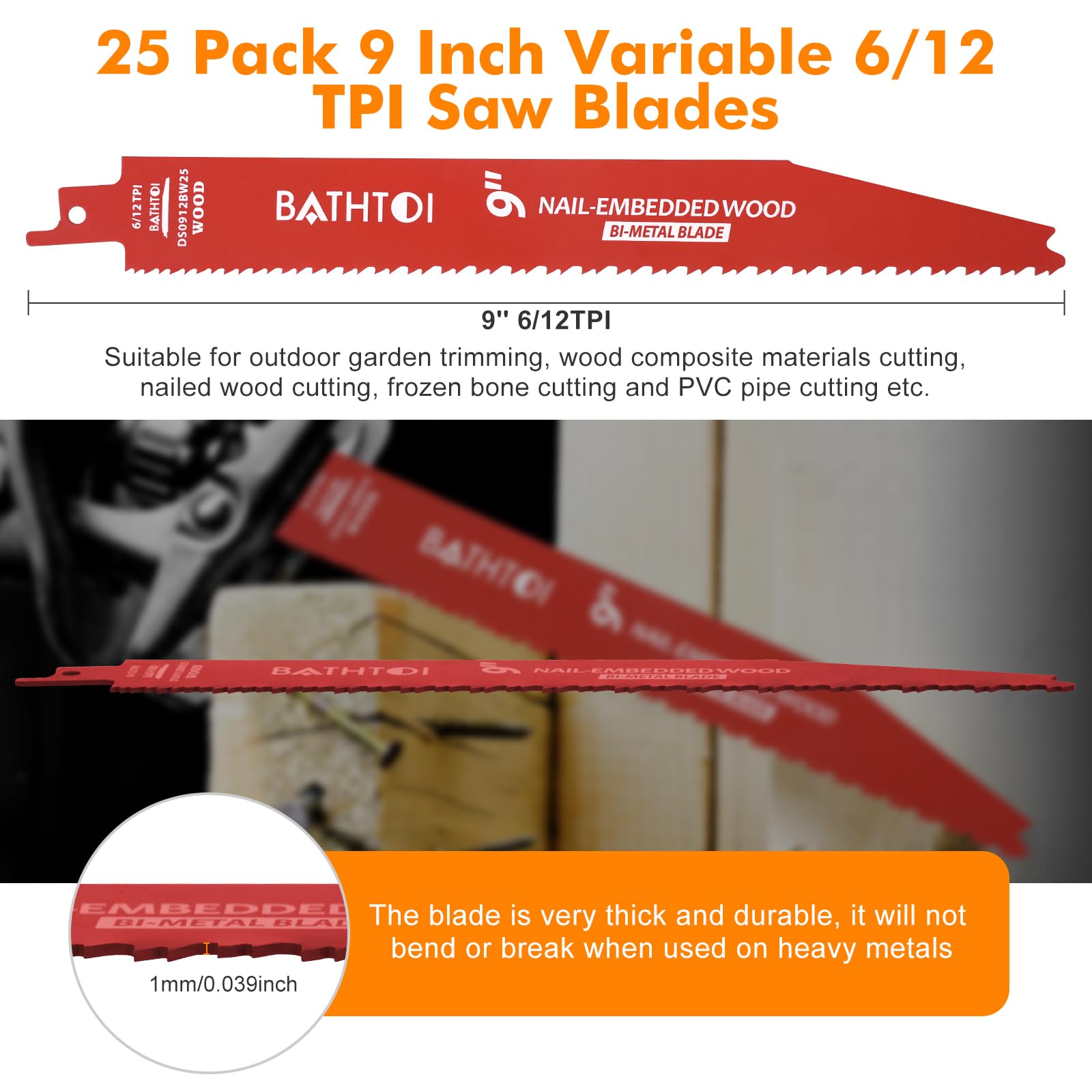 25 Pack 9 Inch 6/12 Tpi Reciprocating Saw Blades for Wood and Nail-Embedded Wood Cutting, Bi-Metal Sawzall Blades with 8% Cobalt for Longer Life and Faster Cutting Speed