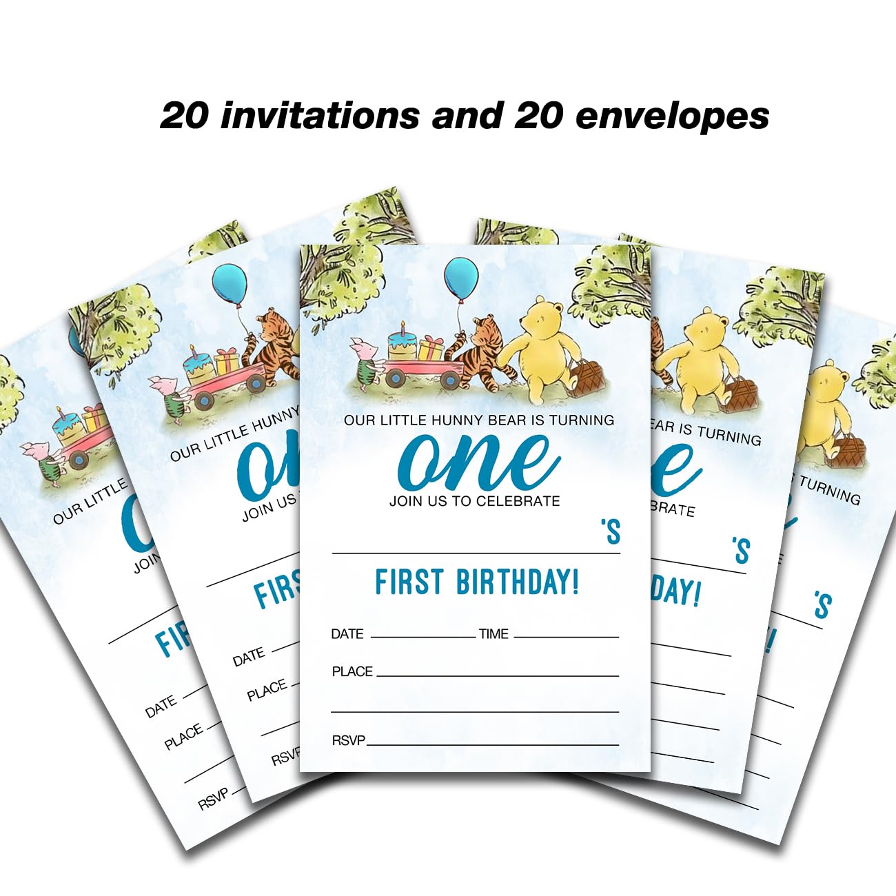 Dolimifa Winnie the Pooh 1st First Birthday Invitations Fill in Style Classic Our Little Hunny Bear 1st Birthday Invites, 20 Count With Envelopes