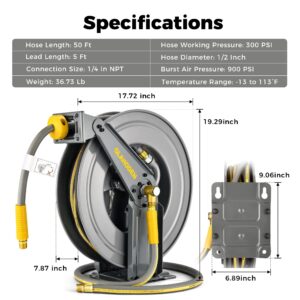 GLAHODEN Double Arm Air Hose Reel 50 ft Retractable, 1/2 in Hybrid Hose Heavy Duty Steel Professional Air Compressor Hose Reel with 5 ft Lead in Max 300PSI Auto Rewind Quick Coupler Swivel Fitting