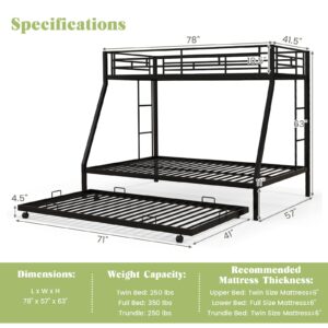 Giantex Twin Over Full Bunk Bed with Trundle, Heavy-Duty Metal Triple Bunk Beds w/Two Side Ladders & Safety Guard Rail, 3 in 1 Bunk Beds for Kids Teens, No Box Spring Needed, Black